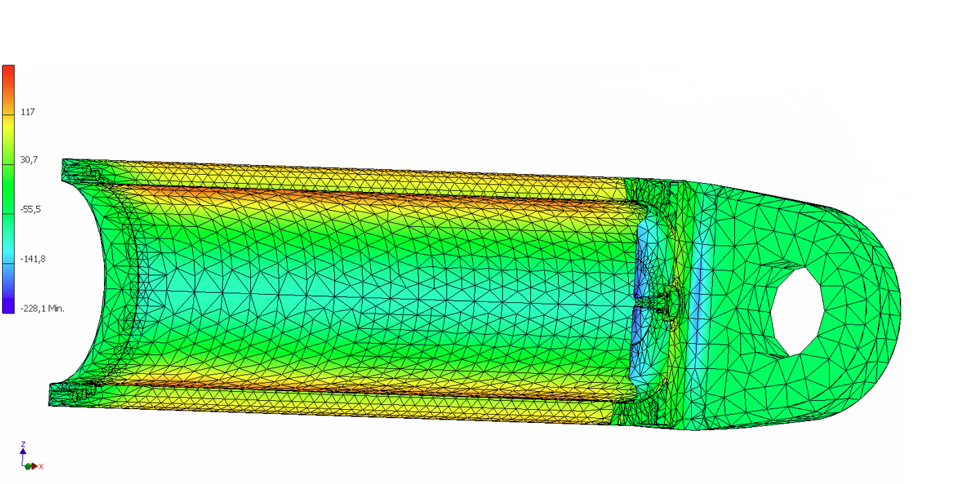 FEM-Analyse Hydraulikzylinder: Von-Mises-Spannungsverteilung in Farbverlauf